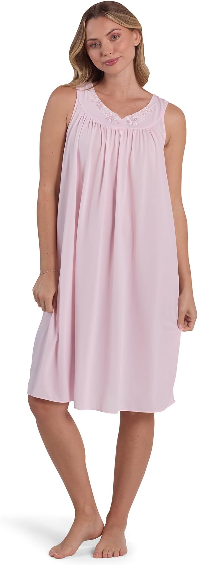 Nightgown - Women's Short Nylon Tricot Gown, Sleeveless Gown with Petal Embroidery at Round Neck