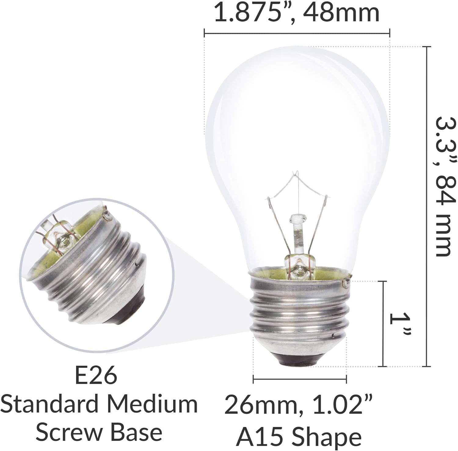 Set of 4 Refrigerator Light Bulb Replacements – Incandescent - A15 40 Watt Appliance Bulb with E26 Base (4)