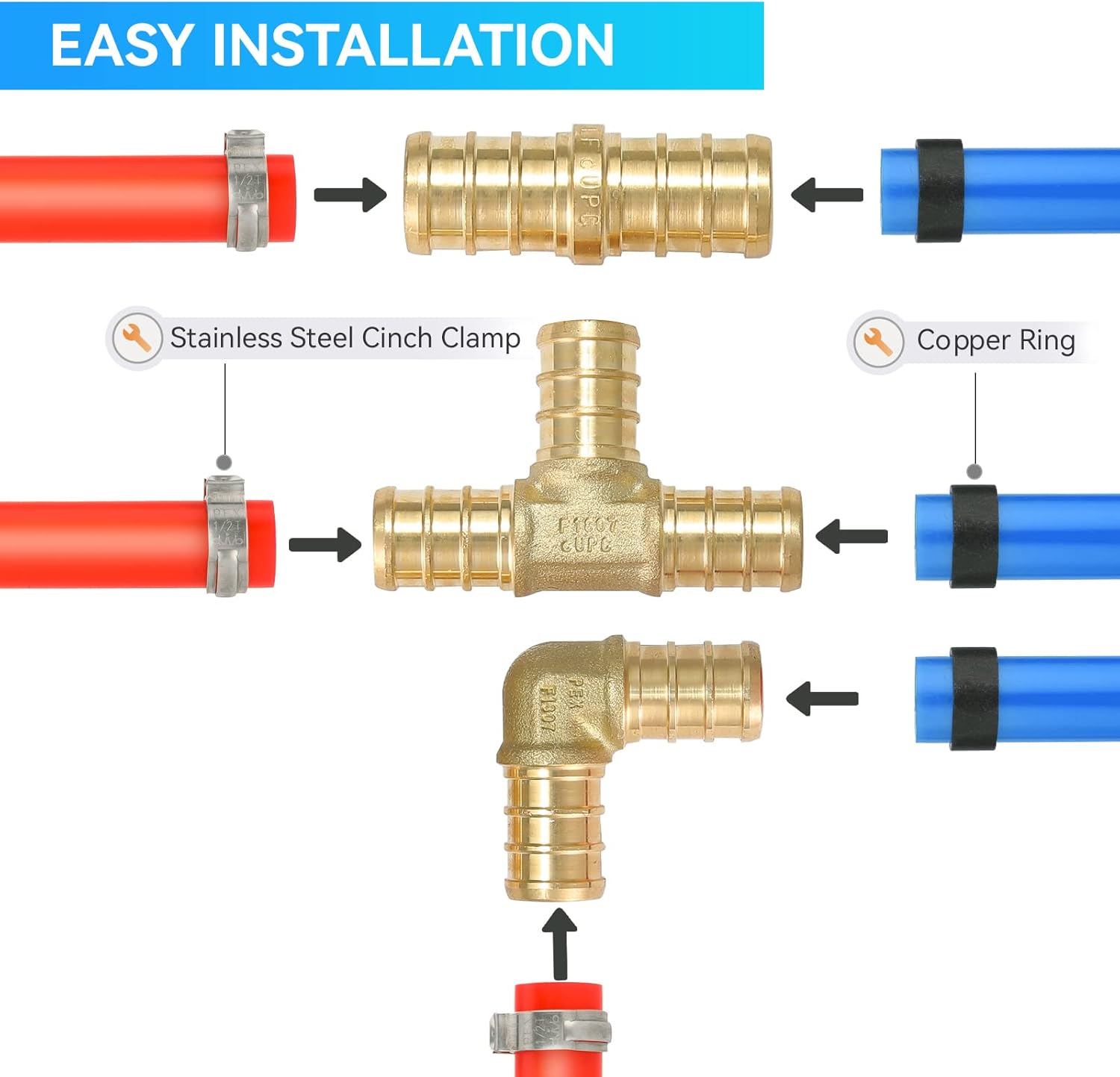 PEX Fittings (24 PC), 90 Degree Elbow (8) + Tee (8) + Straight Coupling (8), Brass Crimp Fitting Combo for PEX Pipe Tubing Connection, ASTM F1807