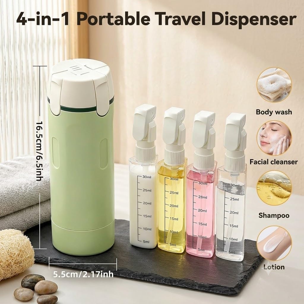 4 in 1 Travel Dispenser Bottle, 4 Pack 30ML Travel Bottles for Toiletries, Refillable, Leak Proof and Portable,Suitable for Storing Shampoo, Shower Gel, Suitable for Travel, Camping