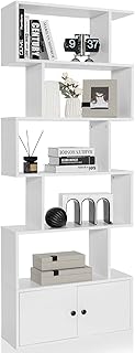 COSTWAY Wooden Bookcase, 5/6-Tier S-Shaped Storage Bookshelf with Cabinet, Freestanding Tall Display Shelf Open Rack Shelving Unit Divider for Living Room, Bedroom and Office (White)