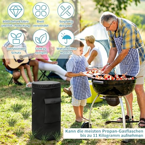 Gasflaschenhülle 11kg 600D Oxford Abdeckhaube mit Doppel-Reißverschluss (Oben & Seitlich), Wasserdicht UV-beständig Schutzhülle für Propangasflaschen, Ø33 x 66 cm, Schwarz