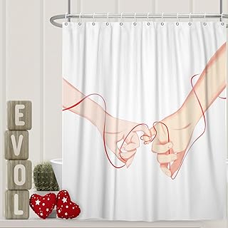 Valentine's Shower Curtain for Bathroom 72x72 inches Love Couple Hands Red Line Waterproof Fabric Stall RV Bathtub Decor White Decoration Hotel Room Divider Shower Curtains Set with Hooks