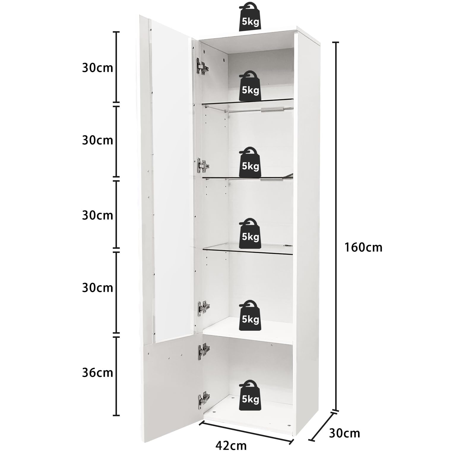 Juego de 2 vitrinas LED con puerta y estantes de vidrio, iluminación para salón, oficina, 42 x 30 x 160 cm (blanco)