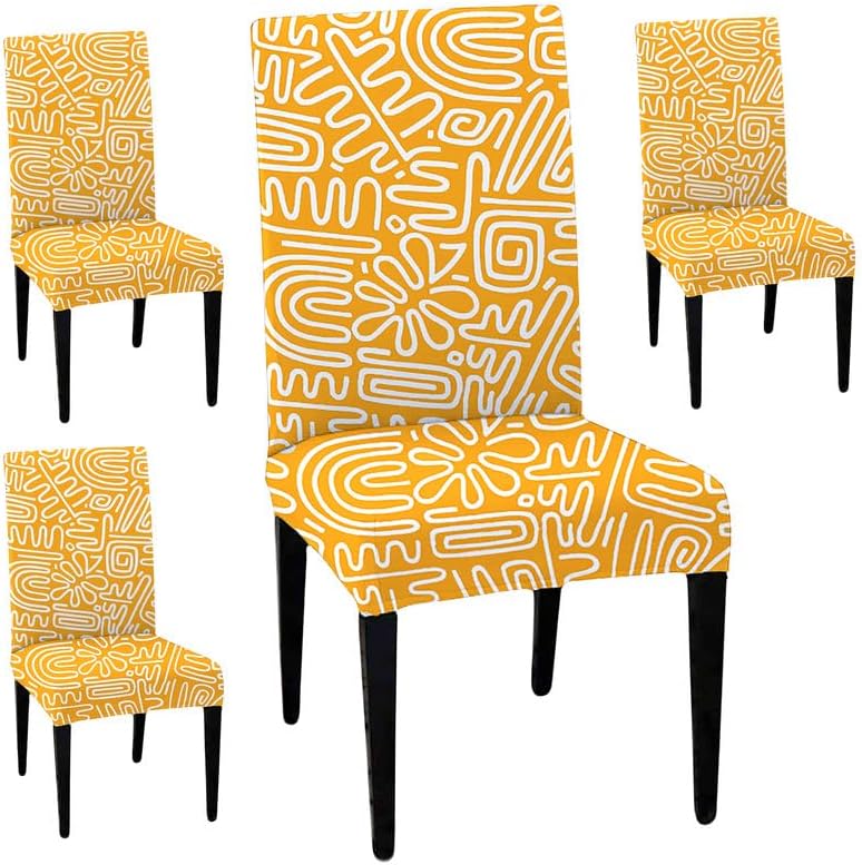 HOTKEI Pack of 4 Orange Printed 200 GSM Dining Table Chair Cover Stretchable Slipcover Seat Protector Removable 1pc Polyester Dining Chairs Covers for Home Hotel Dining Table Chairs