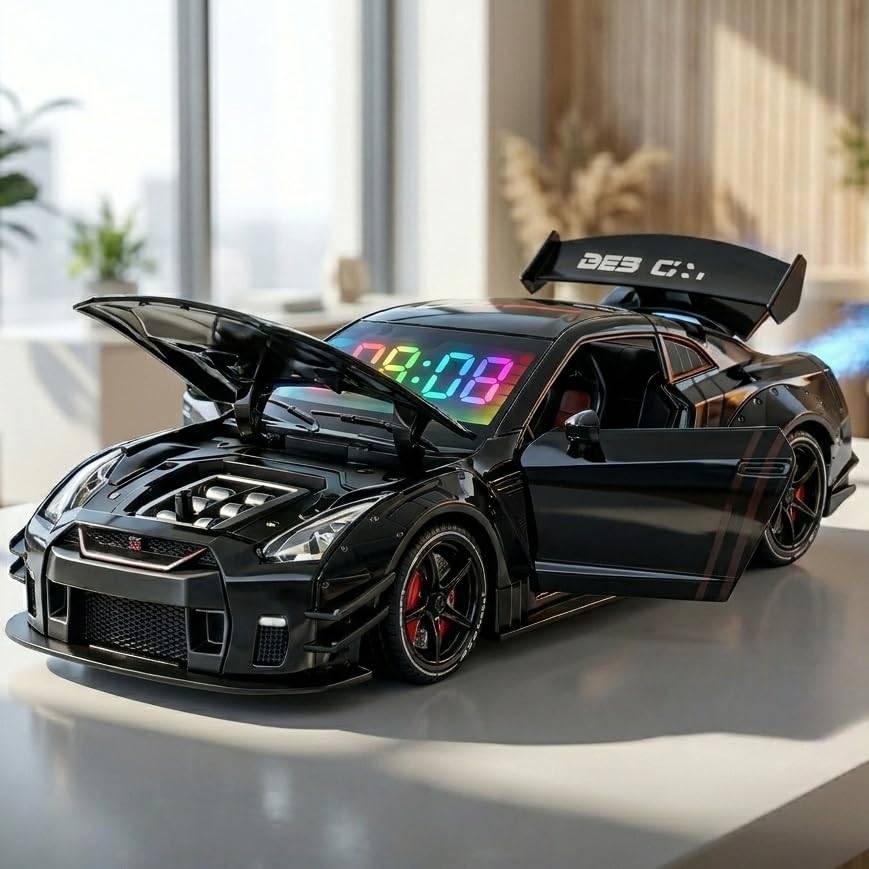 Funmii Modern Sports Car Alarm Clock 1:24 Diecast Model Car with LED Digital Display Realistic Engine Sounds & Mist Exhaust Spray Pull Back Racing Car Desk Decor Fathers Day