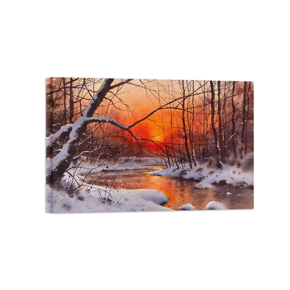 Ozpwbvy Wrapped Canvas Winter Sunset Landscape Canvas Wall Art Picture 80X120cm Framed