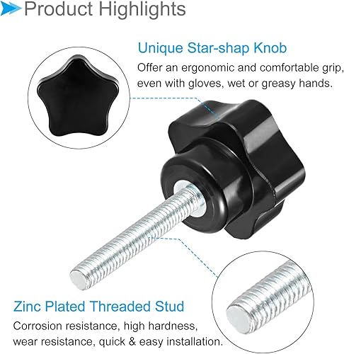 Miniatura 16 de Perillas de sujeción de estrella, rosca macho M10 x 0.984 in, cabeza de 1.496 in, mango de tornillo de pulgar de plástico, perno roscado negro