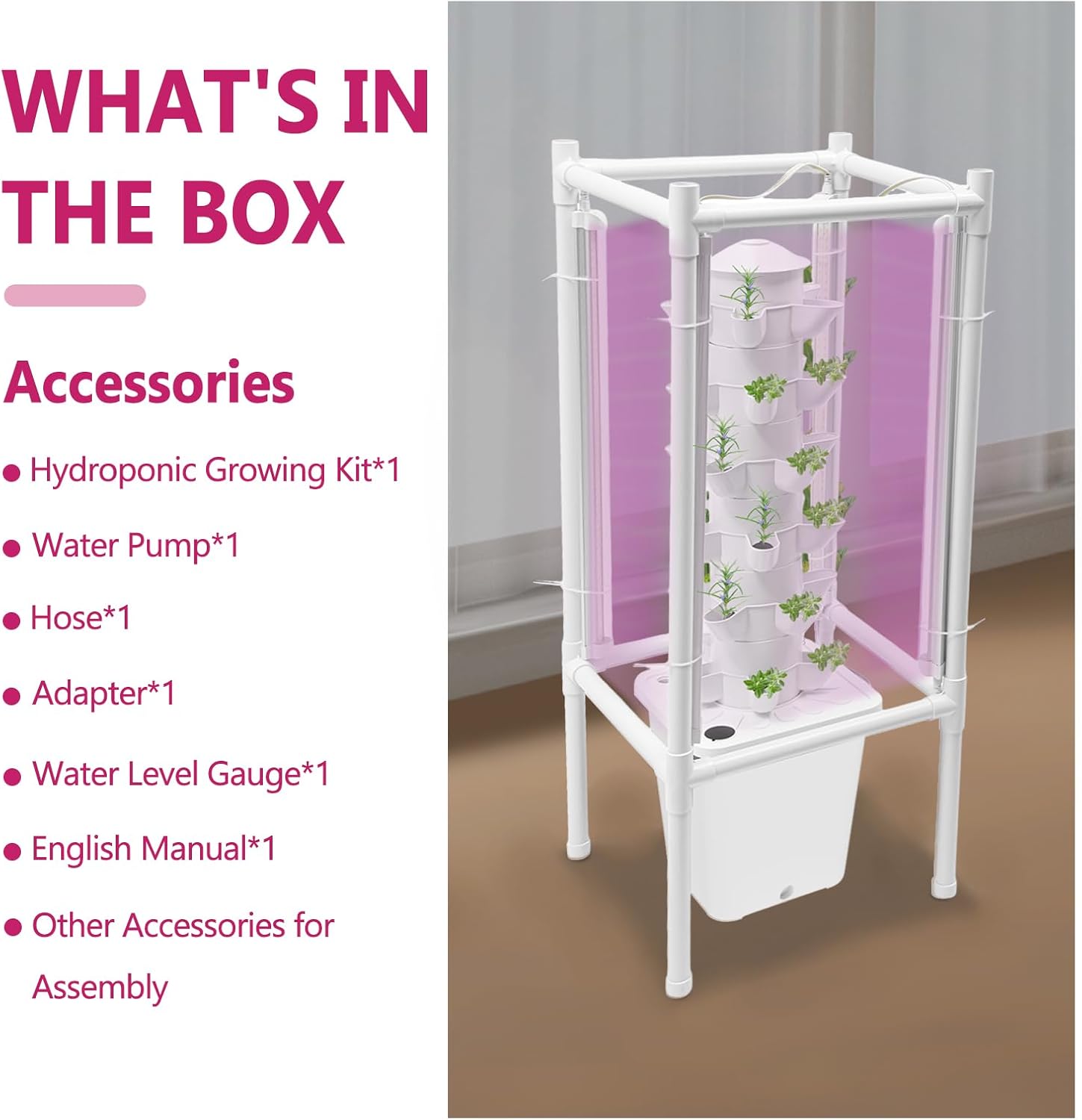 30-Plant Hydroponics Tower Vertical Growing System Kit, Indoor Garden Planter Herb Garden with LED Grow Light, Hose and Water Pump, Vertical Planter Germination Kit for Fruits Vegetables (White)