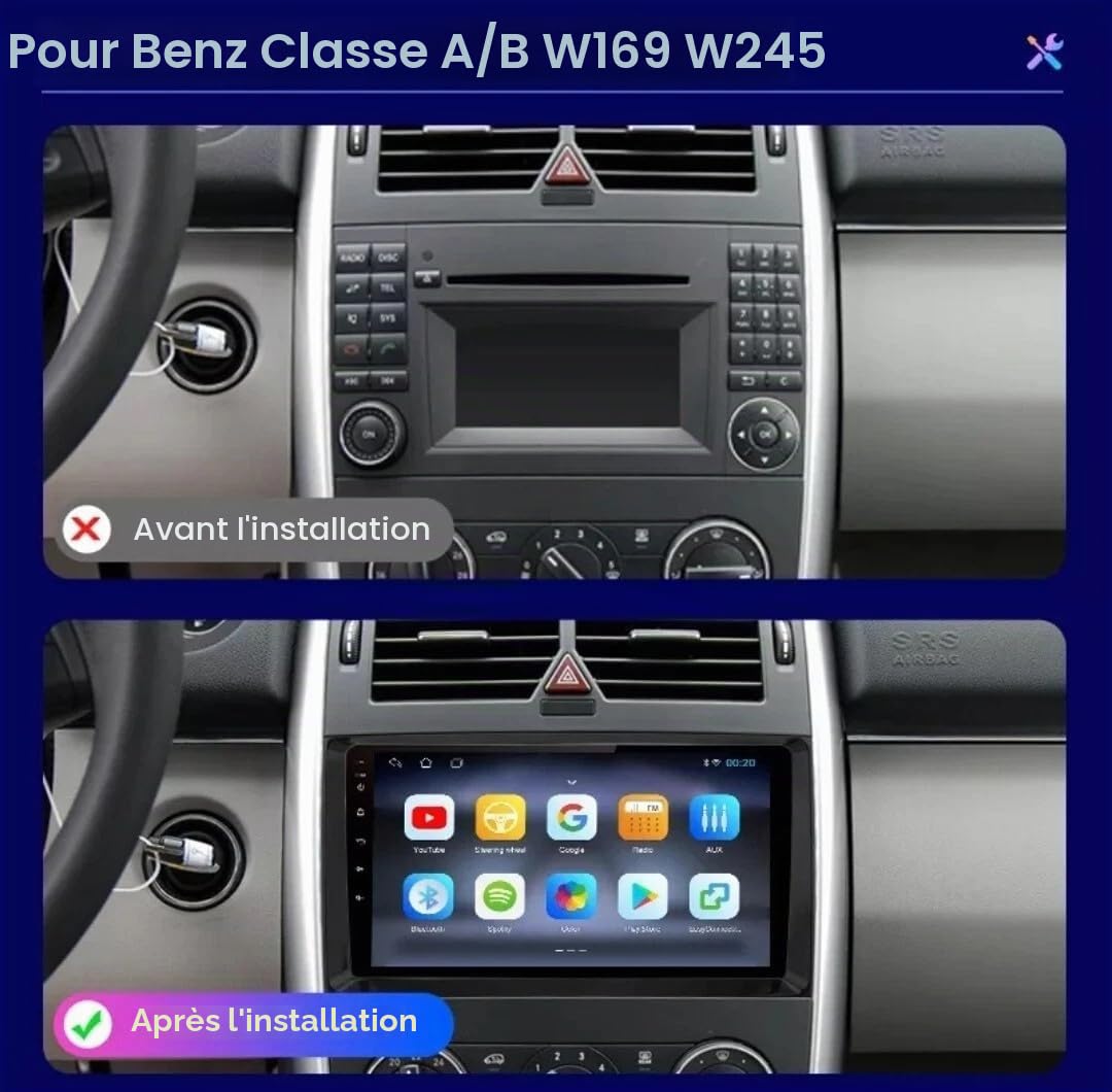Autoradio 2 DIN Android 13 pour Mercedes-Benz Classe A/B W169 W245/Vito Viano W639/Sprinter W906,9 Pouces Écran Tactile 2+32G,Support CarPlay & Android Auto,Bluetooth GPS WiFi,Poste Radio Voiture