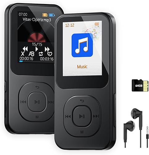 Reproductor MP3 de 64 GB con Bluetooth 5.3, reproductor de música portátil para corredores deportivos con altavoz, radio FM, grabadora de voz,