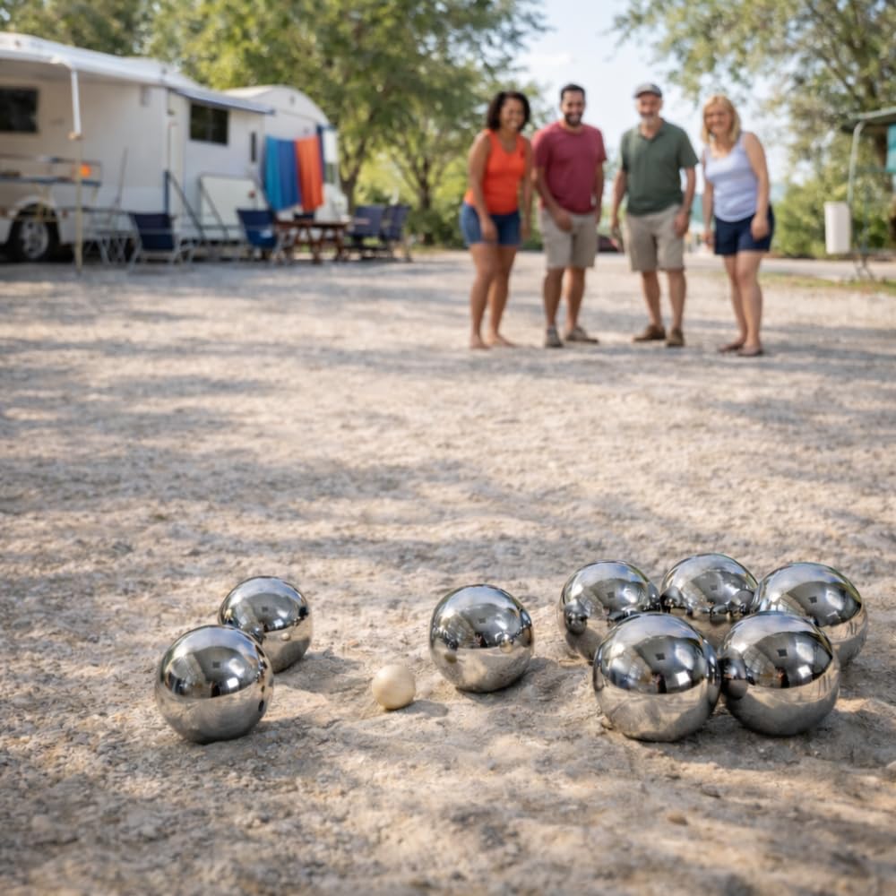 SHOP-STORY Jeu de Pétanque en Métal – 8 Boules avec Housse de Transport, Cochonnet et Cordon de Mesure – Loisirs Extérieurs