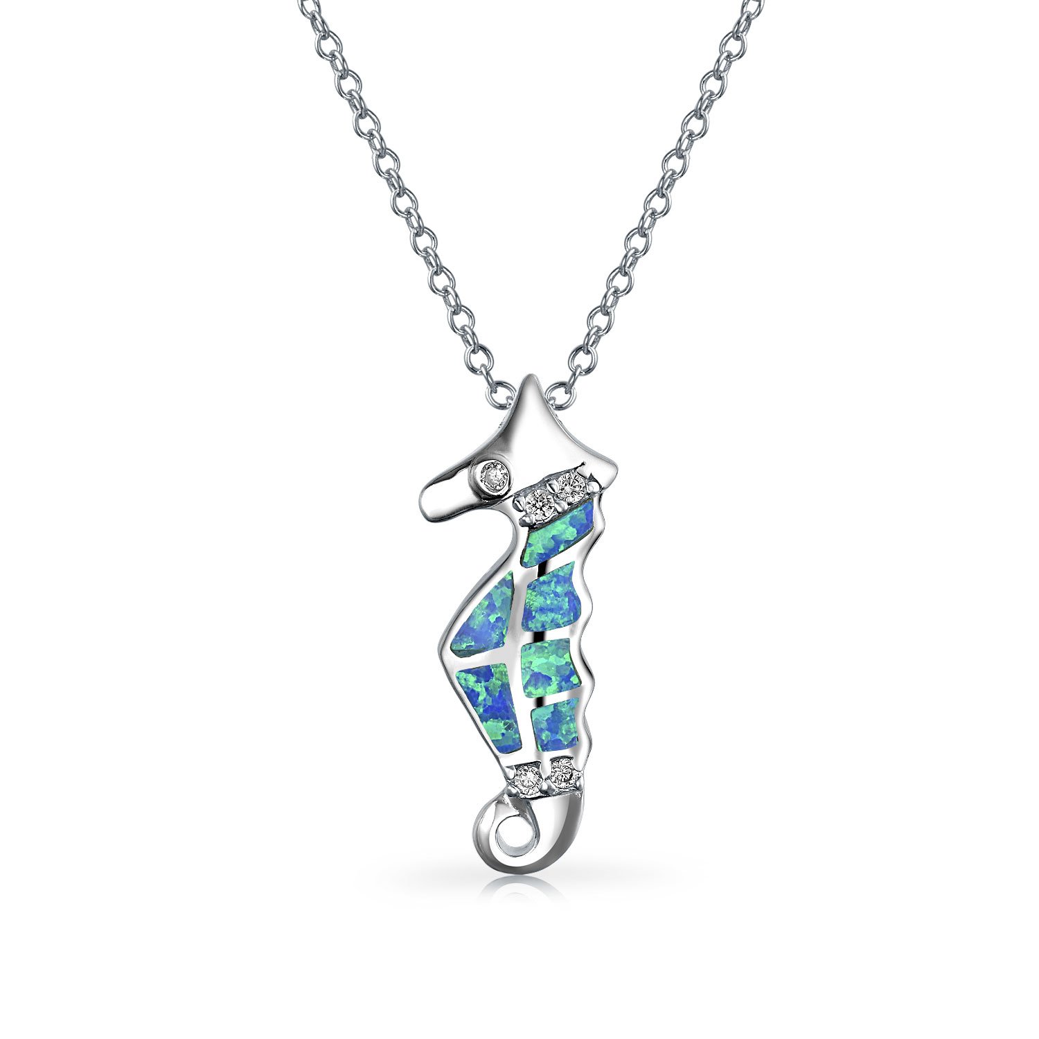 Bling JewelrySea Animal Nautical Beach Vacation Inlay Enamel Created Blue Opal Seahorse Dangling Earrings Pendant Necklace For Women Teens .925 Sterling Silver