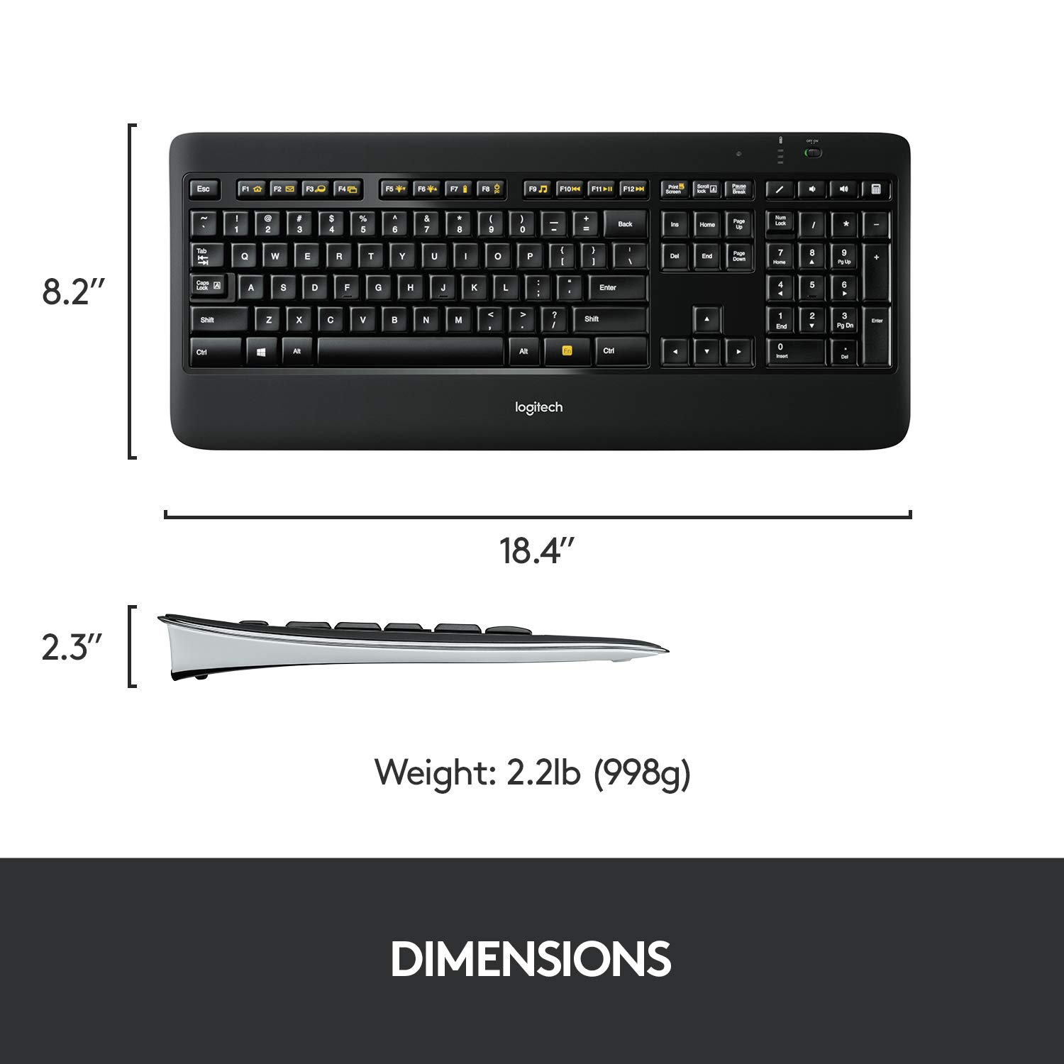 Logitech K800 Kabellose Tastatur, 2.4GHz Wireless Verbindung via Unifying USB-Empfänger, Hintergrundbeleuchtete Tasten, Perfectstroke Feature, Für Windows PCs/Laptops, Gesamtnordisch Layout - Schwarz