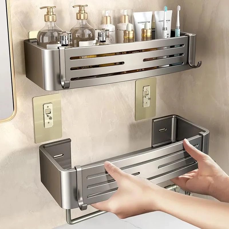 Wall Mounted Bathroom Shelf Adhesive Shower Caddy Aluminum Storage Basket Silver