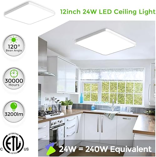 Miniatura 3 de inShareplus Lámpara de techo LED de 12 pulgadas, 24 W 6000 K, blanco frío, lámpara de techo cuadrada blanca empotrada, lámpara de techo súper