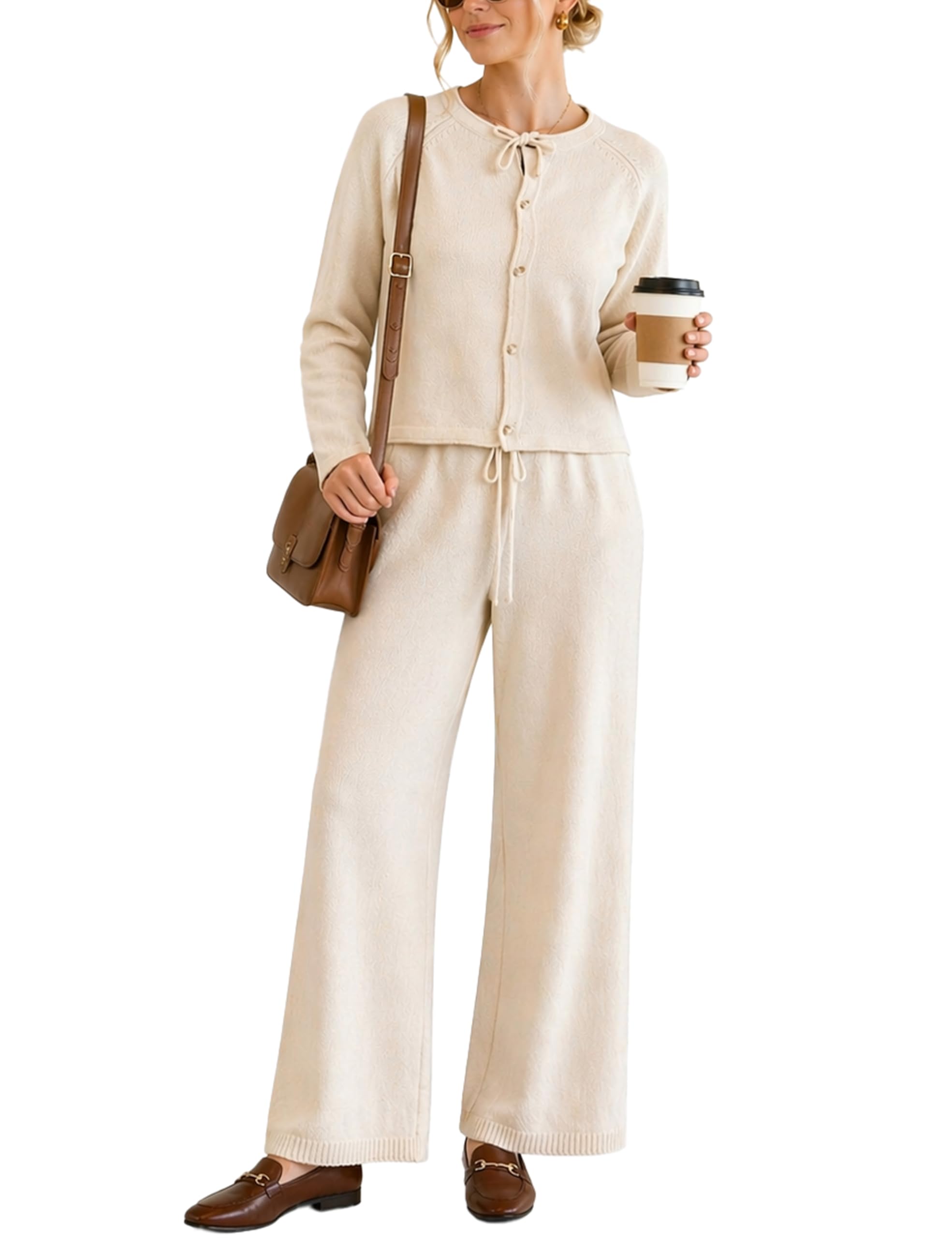Women's Knit Lounge Set 2 Piece Outfits Long Sleeve Cardigan and Wide Leg Pants-image-45
