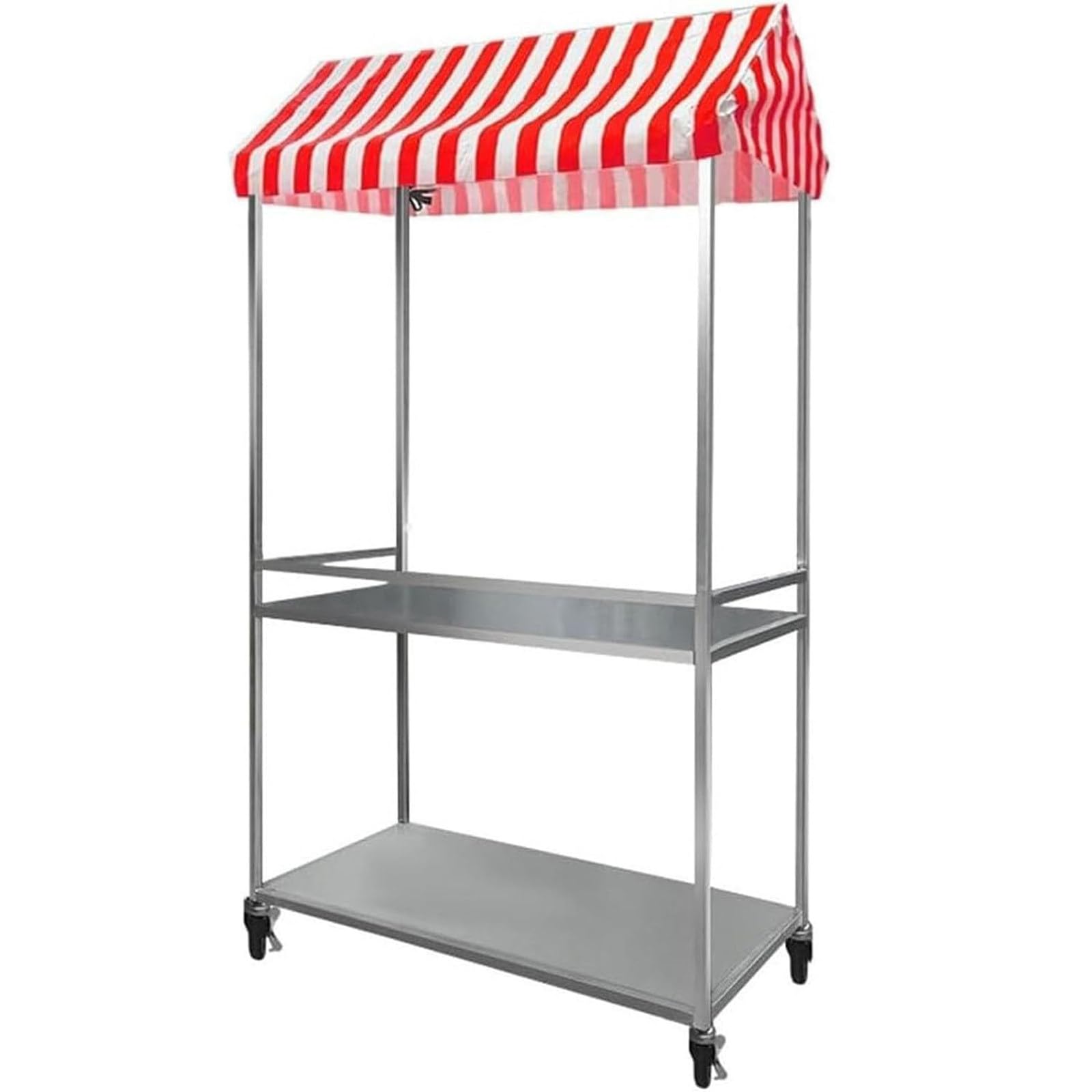 Carrello portavivande portatile a 2 ripiani con ruote bloccabili e tettoia, supporto pieghevole per venditori ambulanti, rosso, 60 x 120 cm, ideale per eventi all'aperto e catering
