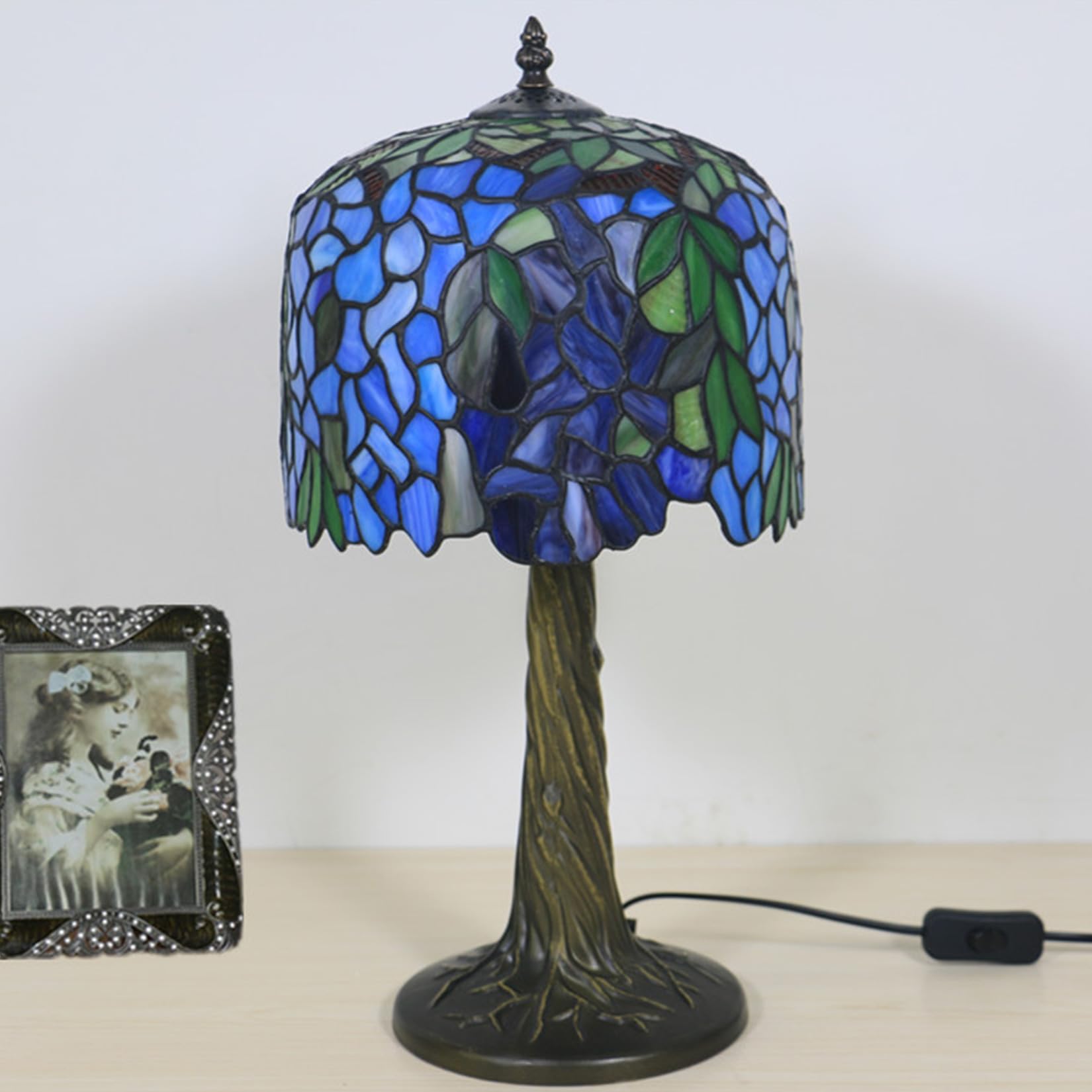 Botowi Purple Tiffany Lamp Stained Glass Lamp Blue Wisteria Table Lamp Accent Bedroom Bedside Dresser Desk Reading Study Nightstand Piano Living Dining Room Lamp Zinc Alloy Base,8"X14",
