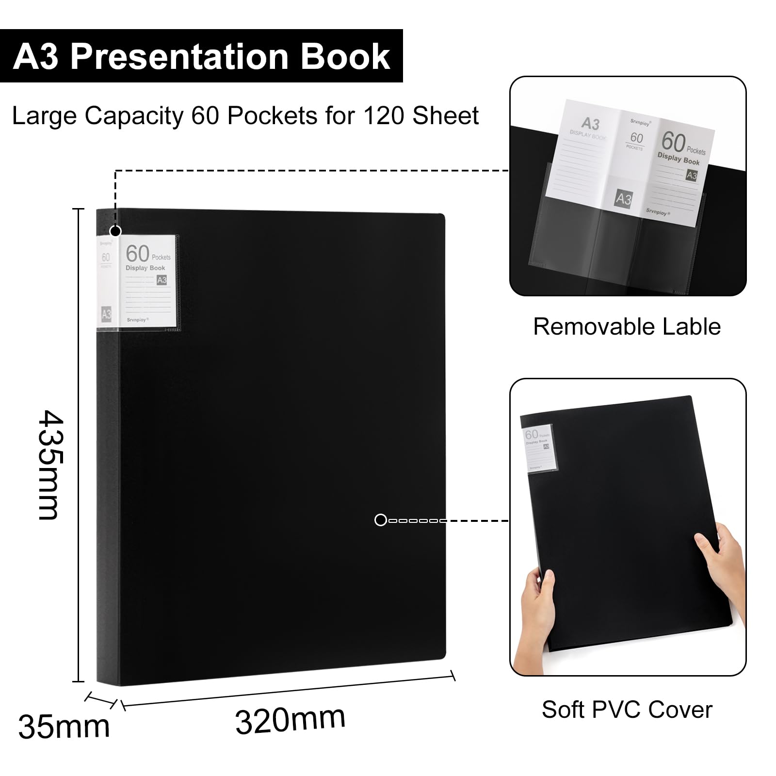 Srvnpioy A3 Display Book 60 Pockets, 2 Pack, 120 Sheet Capacity, Transparent Pockets - Image 2