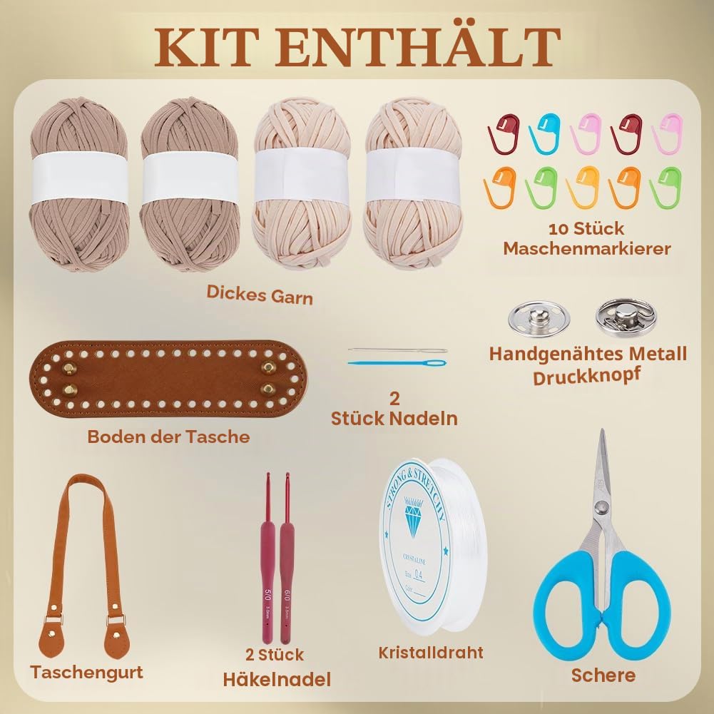 ORIGACH DIY Häkel-Handtaschen-Set für Anfänger, gestreifte Häkel-Tragetasche mit PU-Lederband und -boden, inklusive Garn, Häkelnadeln, Markern und englischer Anleitung, Farbe Milchtee