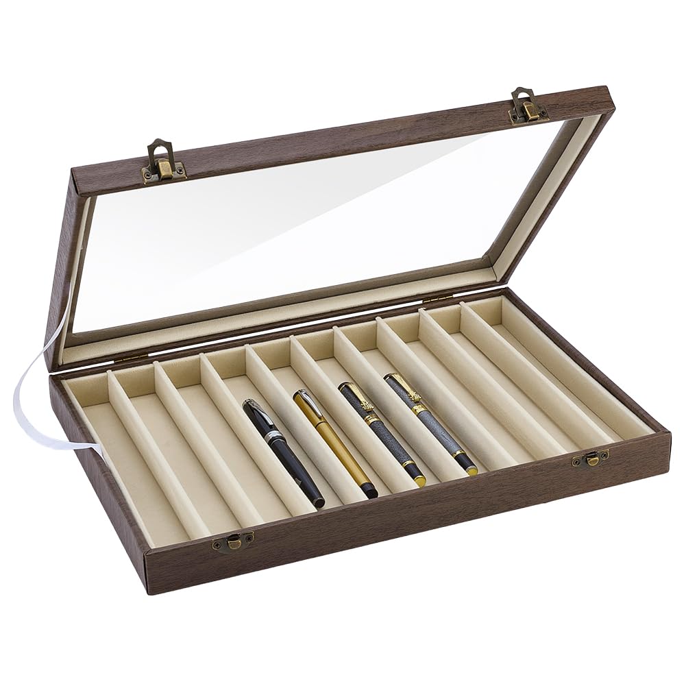 PH PandaHall 10 Slot Fountain Pen Display Box, 13.8″x9.5″x2″ Lockable Pen Storage Box Imitation Leather Pens Display Cases with Window Lid for Office Desk Collection Pencil Holders, Coffee