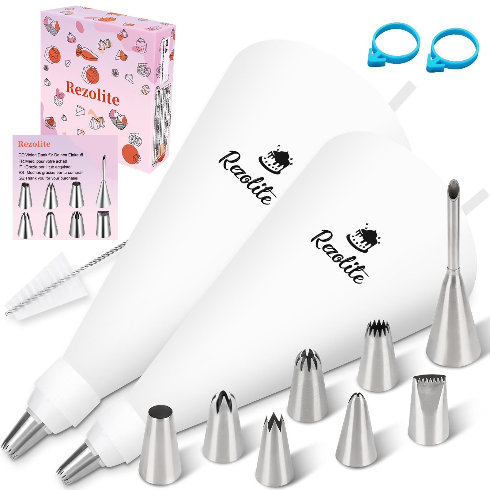 Rezolite Spritzbeutel-15 Teilig Spritzbeutel Mit Tüllen 2 Stücke Spritzbeutels | 30CM+35CM und 8 Edelstahl Spritztüllen, Zubehör für Torten und Backen