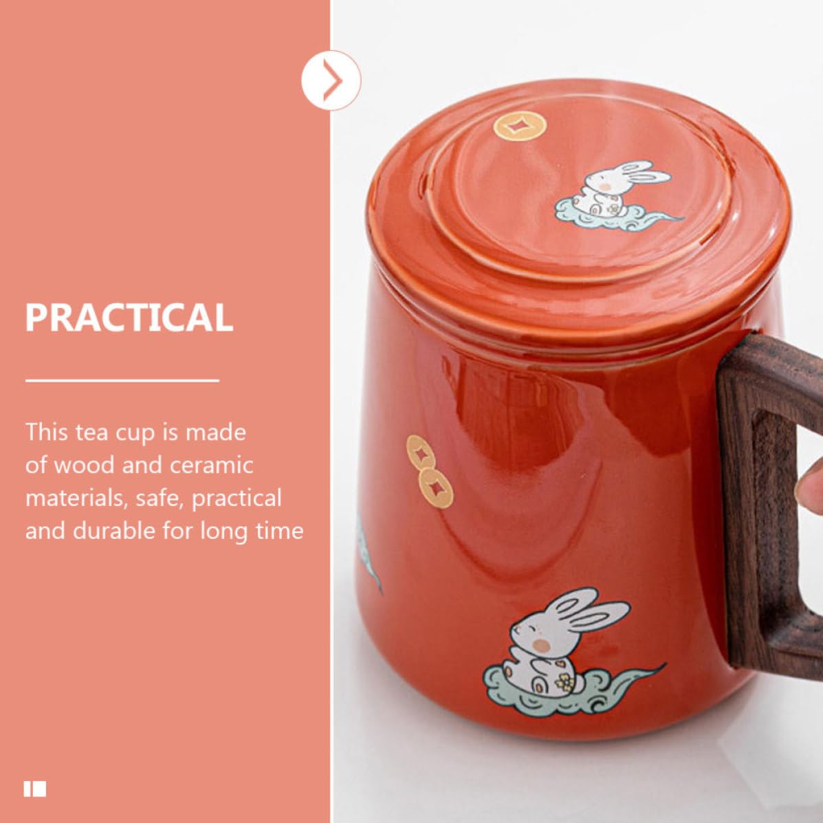 Taza de Té con Infusor y Tapa de Cerámica 400ml Roja | Mango Cómodo, Base Plana, Superficie Lisa, Madera en Detalles, para Flor y Agua