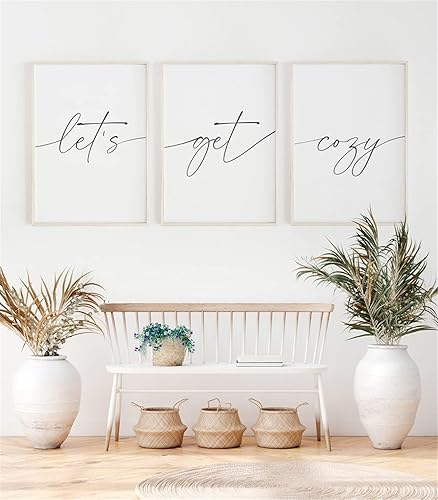 NATVVA Arte de pared con cita de habitación de invitados, 3 piezas, Lets Get Cozy Cartel, impresiones en lienzo, pintura enmarcada para sala de