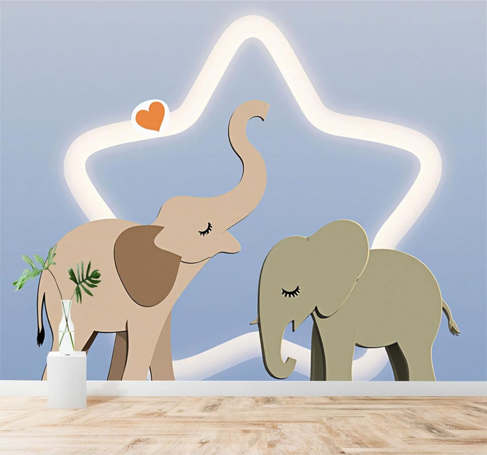 Xlming 400Cm×280Cm(B×H) Romantic Hearts Stars Art Elephant Couple 3D Wallpaper Silky Texture Home Study Office Grey Dining Room Sofa Bedroom Living Room Tv Backdrop-400Cm×280Cm