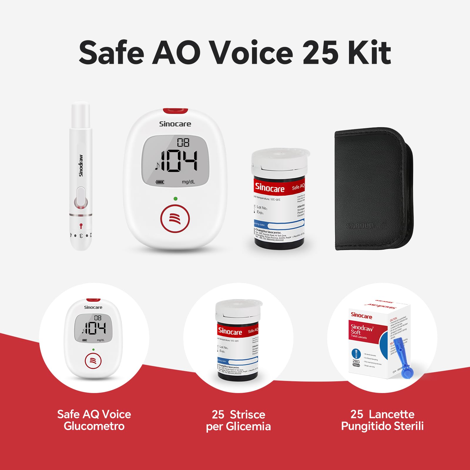 Sinocare Misuratore Glicemia Glucometro, Test della glicemia e annunci vocali, Contiene 25 strisce per glicemia e 25 Lancatte, Safa AQ Voice