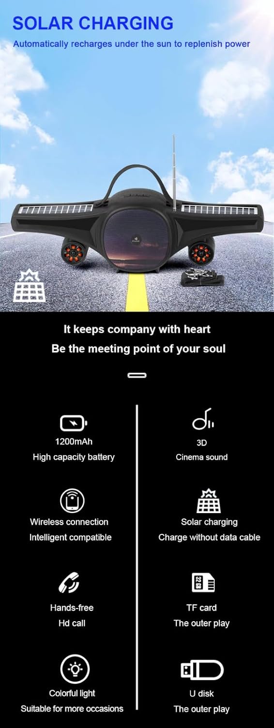 Detailed view of Kisonli SC-21 speaker features: easy to carry handle, portable strap, control buttons, multiple playback ports, colorful light, and solar panels.