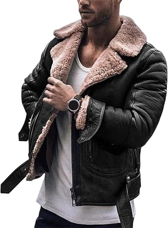 Mens Lamb Wool Bomber Jackets Faux Leather Sherpa Fleece Lined Coats Heavyweight Suede Faux Fur Trench-Coat