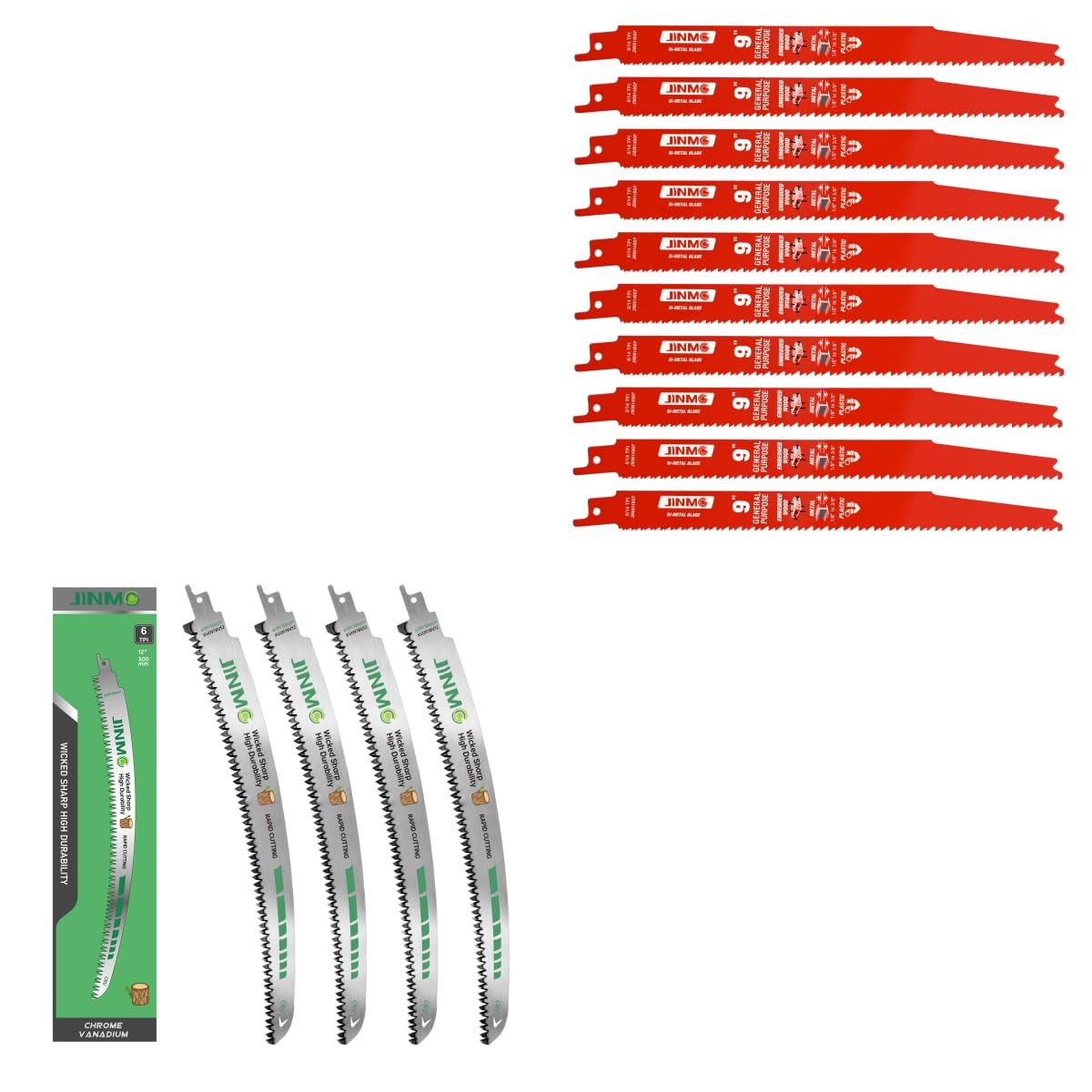 10 Pack 9 Inch 8/14TPI and 4 Pack Arc Curved Reciprocating Saw Blades for Wood and Nail-Embedded Wood Demolition, Metal Cutting for 1/8-3/8 Medium Metals and PVC Pallets etc.