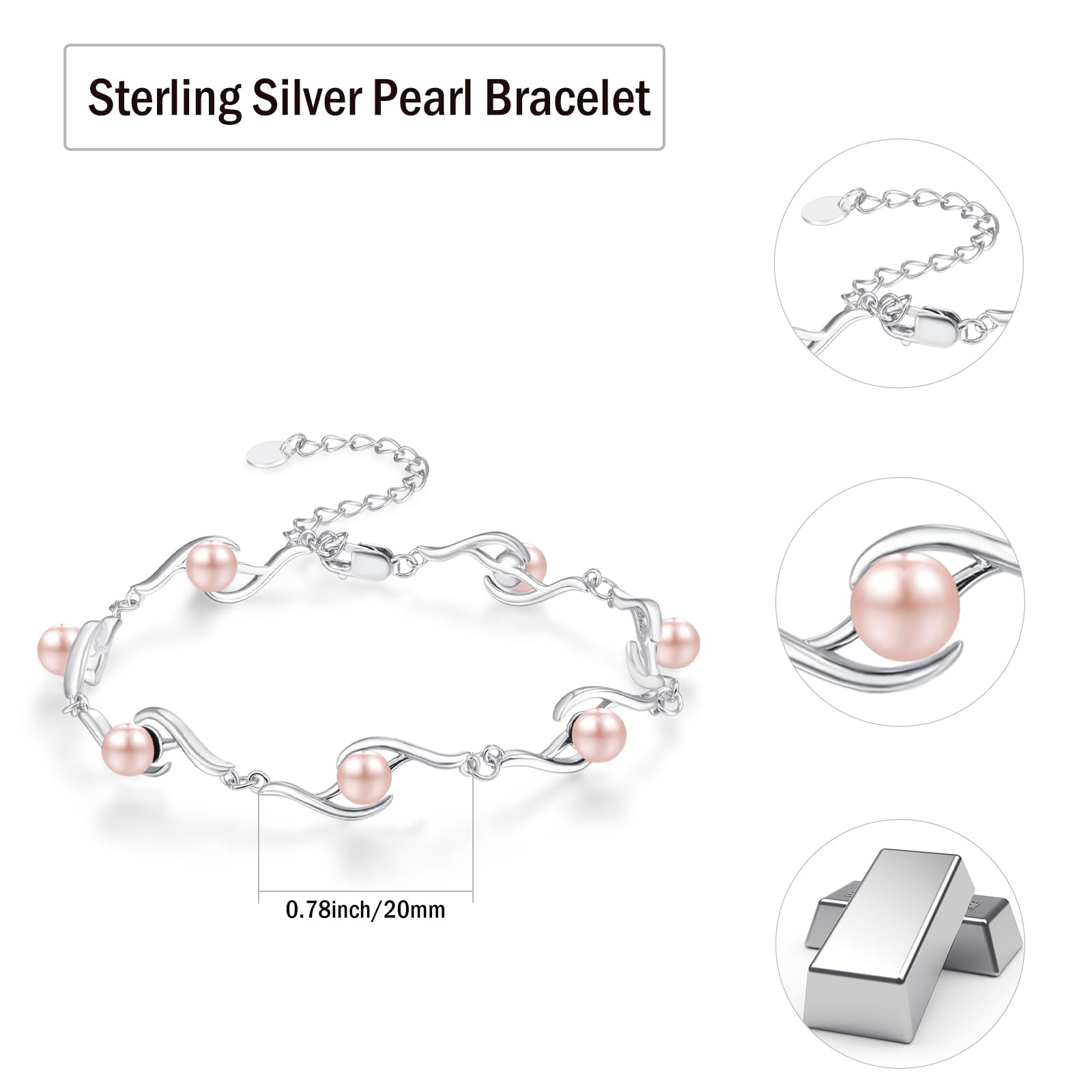 KINGWHYTE Perlenarmband für Damen 925 Sterling Silber Einstellbare Perlen Armband Jahrestag Geburtstag Schmuck Geschenke für Mädchen Ehefrau