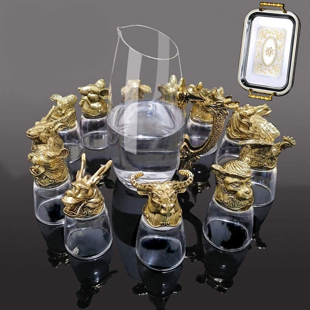 Estante de vino Decantador de whisky Doce signos del zodiaco Decantador de whisky y vaso Juego de regalo Vasos de chupito con cabeza de animal Vidrio creativo Sake retro chino Dispensador de tazas d