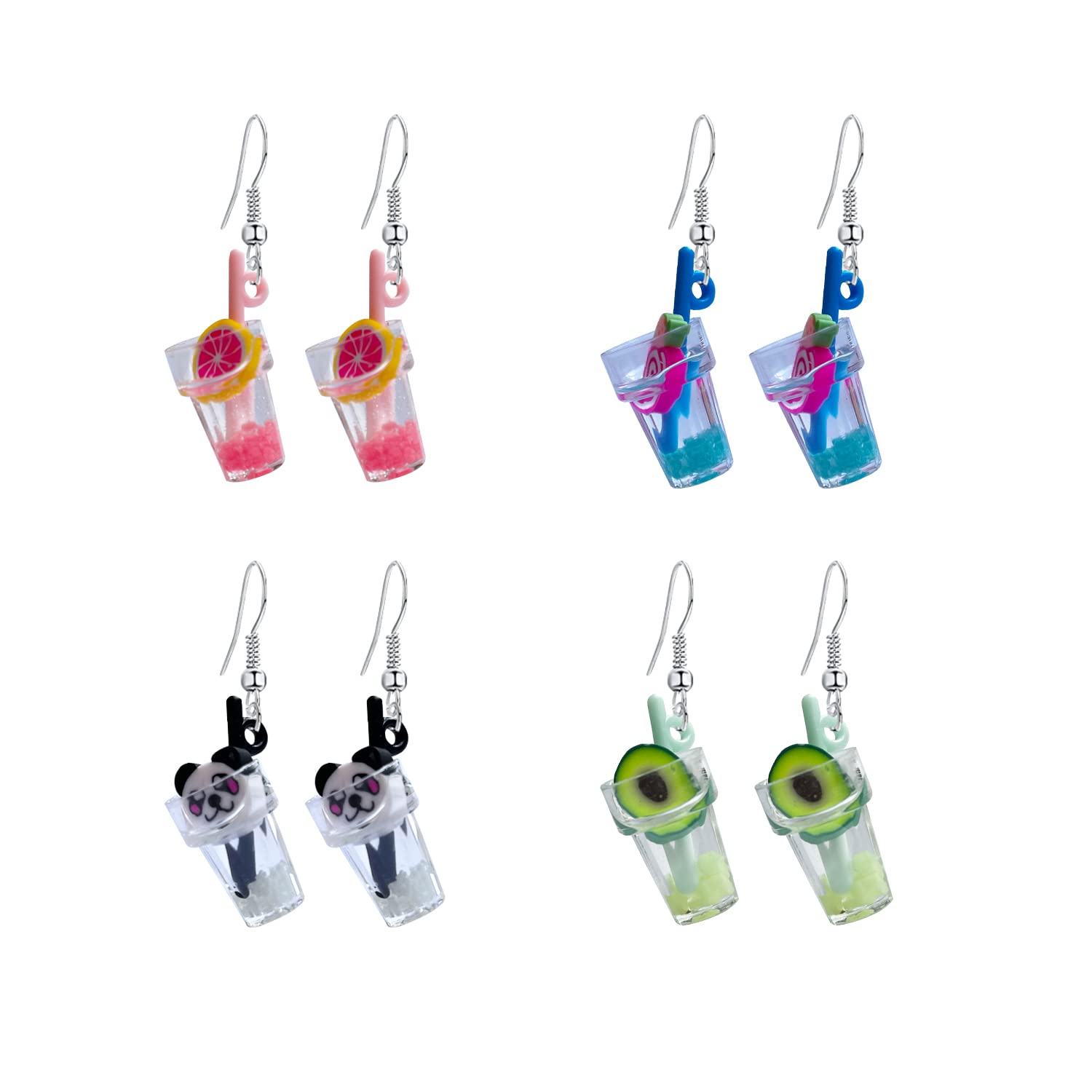 4 Pairs Panda Lemon Avocado Strawberry Cute Pearl Milk Tea Dangle Earrings Funny Earrings for Women Girls Valentine's Day Earrings