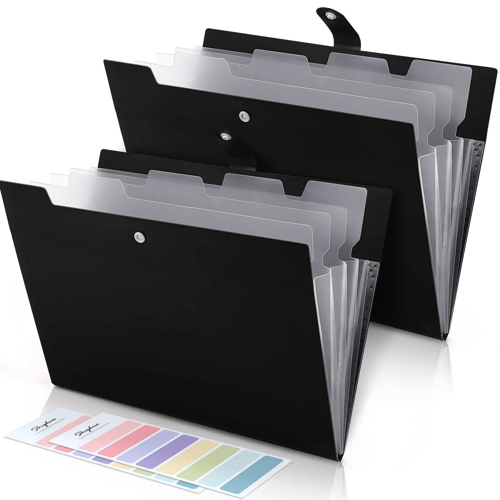 SKYDUE Expanding File Folders, Letter Size Accordion File Organizer, Portable 5 Pockets for Document Paper Receipt Organizer, School Office Supplies, A4 Size, Black, Pack of 2