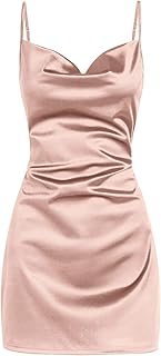 Women's Satin Sleeveless Spaghetti Strap Mini Dress Sexy Slip Cowl Neck Silky Cocktail Party Dresses - Buy now