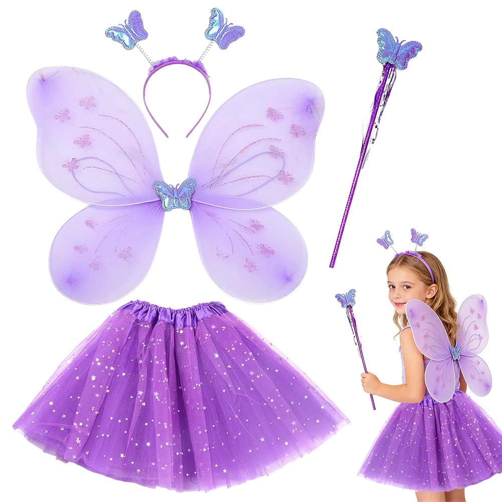 FCXVXCL Kids Fairy Wings Costume Fairy Butterfly Wings Angel Princess Costume with Girls Butterfly Wands Headband Puff Skirt Dress Up Set for Halloween Birthday Chrismas Party Purple