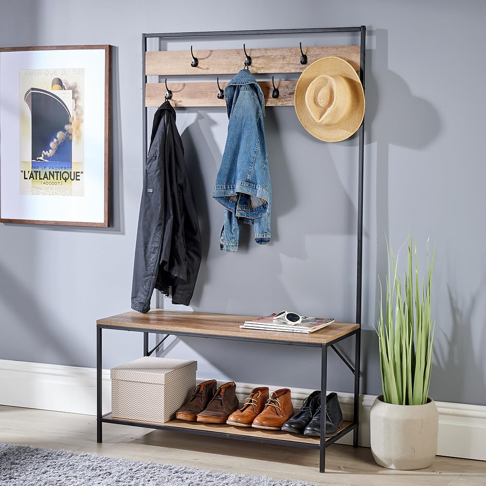 Home Source Oakmere Coat Rack Hallway Storage Bench 7 Hook Open Shoe Storage Industrial Furniture Oak Finish