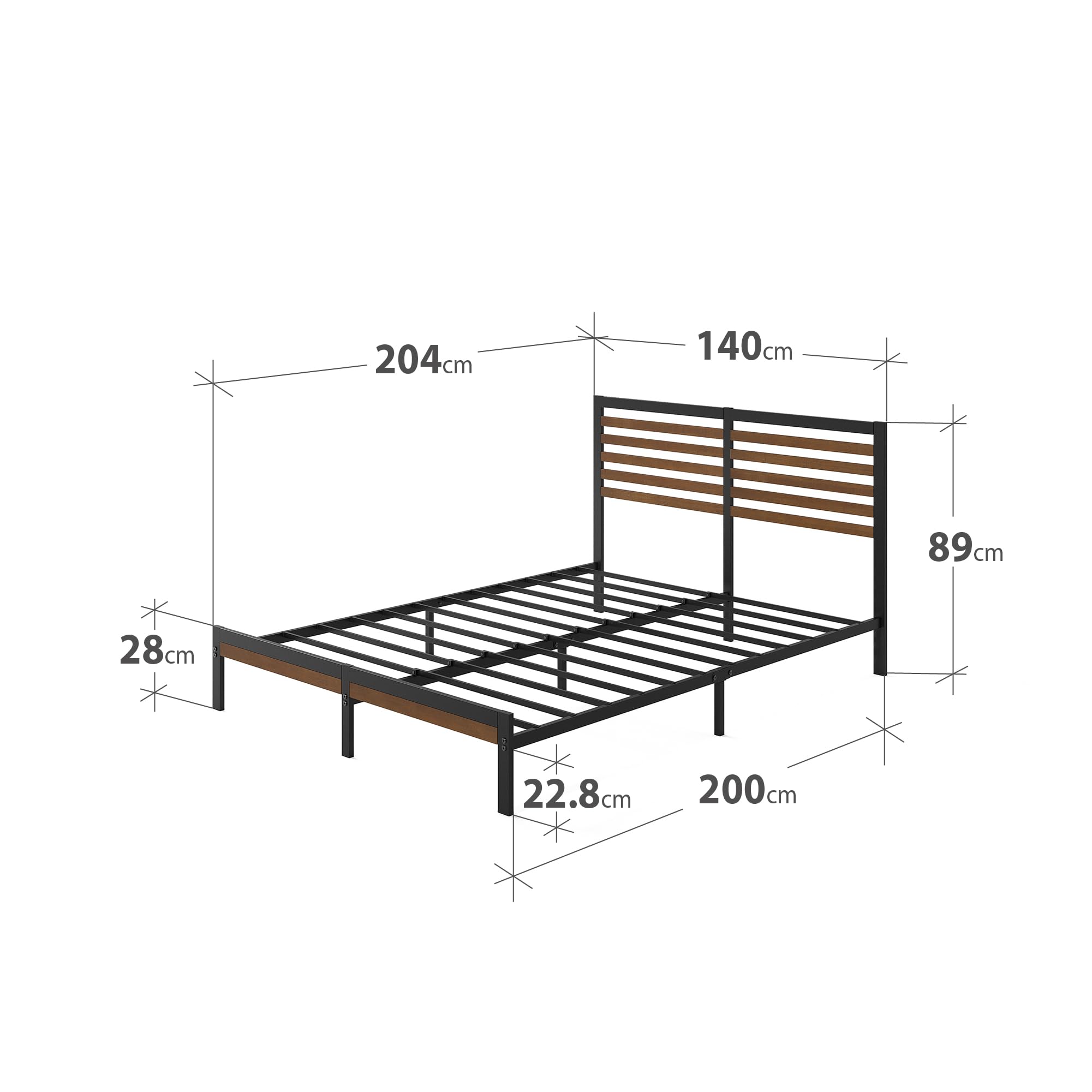 Zinus Kai łóżko 140 x 200 cm – wysokość 23 cm – bambusowa i metalowa platforma, rama łóżka z zagłówkiem i stalowym stelażem – brązowe i czarne