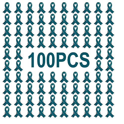Image of 100pcs Teal Ribbon Pins Cervical Ovarian Cancer, Substance Abuse, Sexual Violence Awareness enamel lapel Brooch Hope Pin
