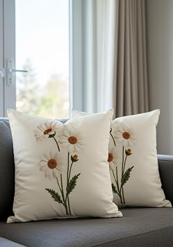 Punch Embroidery Pattern Digital Printed Decorative Daisy Patterned Velvet Throw Pillow Case, Set of 2, Cream Floor, Digital Printed