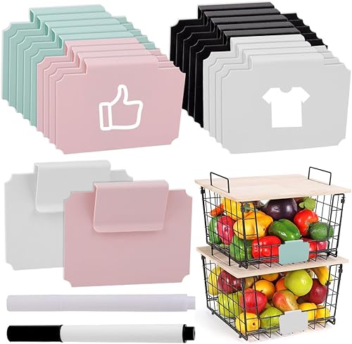 Voyyphixa 20 etiquetas de cesta con clip con marcadores de tiza blanca para contenedores de almacenamiento, clip extraíble, etiquetas de