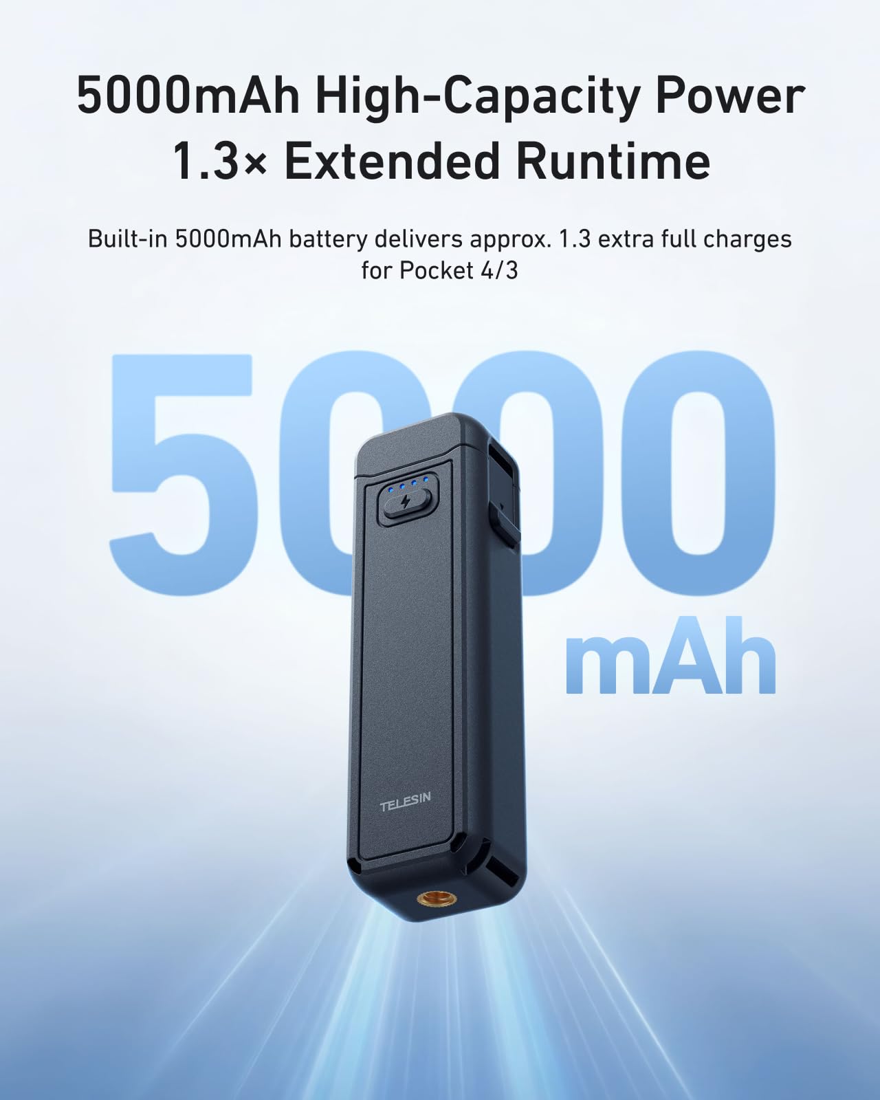 TELESIN Poignée Batterie pour DJI Osmo Pocket 4/3, Batterie 5000mAh Haute Capacité, Grip Powerbank 1.3X Autonomie Étendue, Support Trépied Vlogging, Accessoire Portable pour Voyage, Vlog