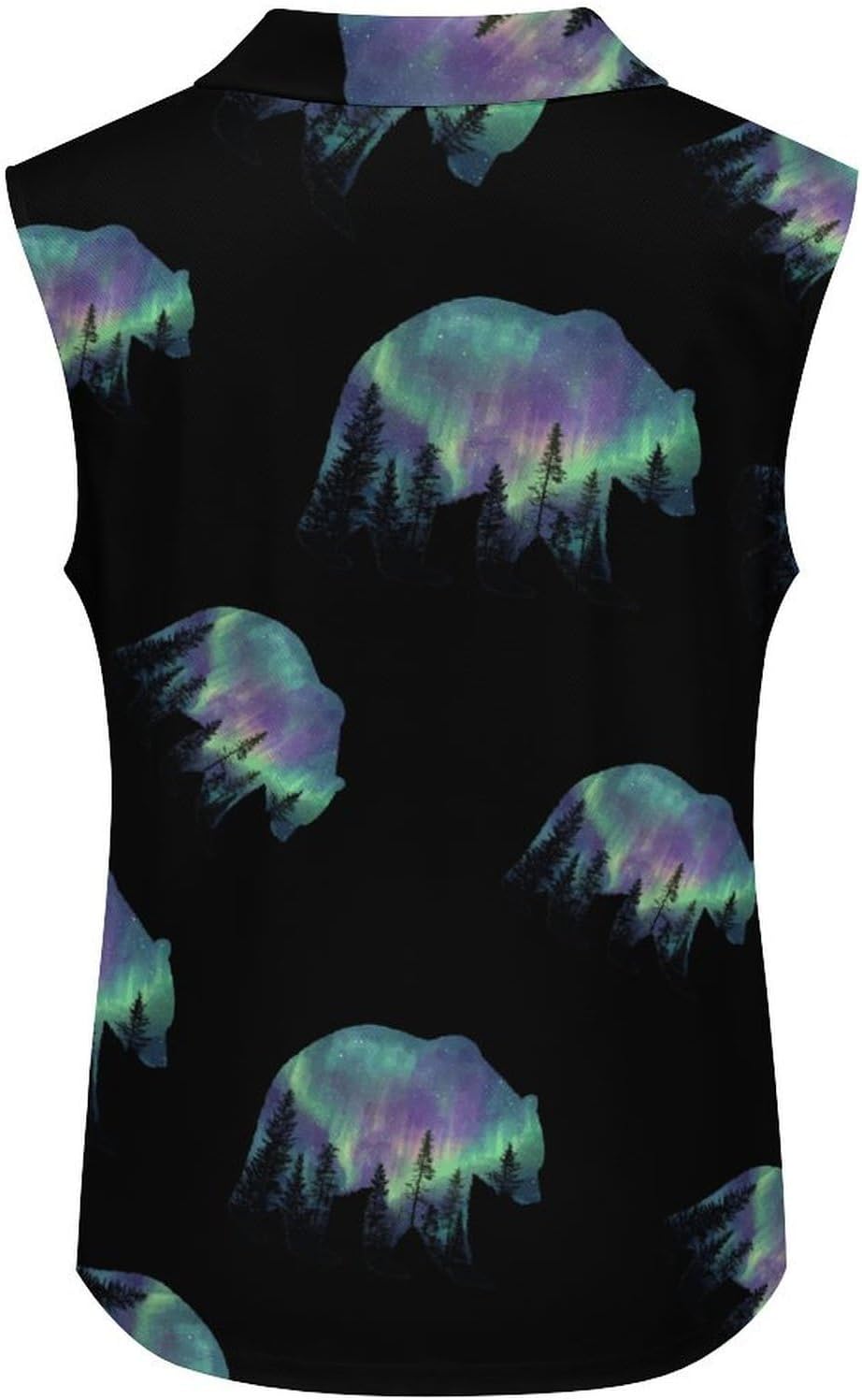 Northern Lights Bear Silhouette Womens Sleeveless V Neck Golf Polo Shirts | Collared Tank Tops