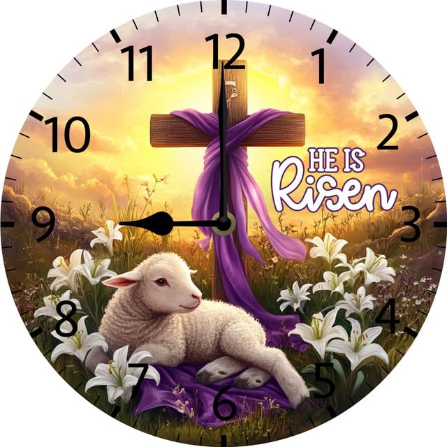 Christian Wall Decor Bible Verse Wood Sign He is Risen Wall Clock Vintage Wooden Battery Operated Non Ticking 10inch Clock Silent Art Rustic Wood Clock for Home Bedroom Kitchen Office