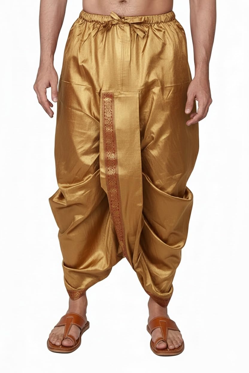 Men's Traditional Gold Dhoti, Silk Blend Dhoti Pant with Decorative Border, Ethnic Wear-picture-16