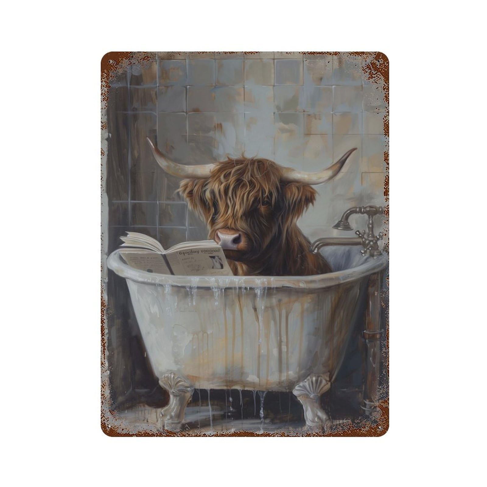 Highland Cow Bathtub Book Rustic Tin Plaque 15.7"x11.8", for Shed, Workshop And Garage Wall Decor, Rustic Home Decor